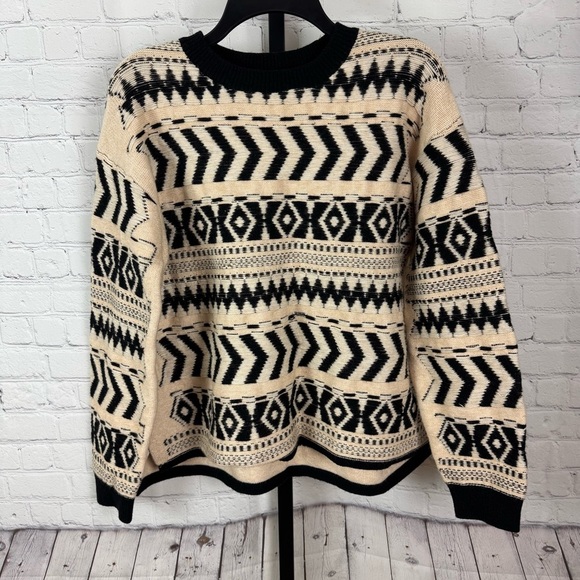 &merci Cream and Black Print Crewneck Sweater Size Large - Picture 1 of 7